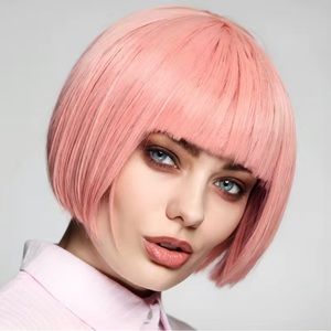 Baby Pink Short Bob Costume Wig With Bangs